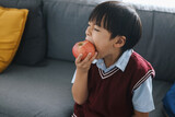 Fototapeta  - Asian kid boy eating apple fruit. Healthy school breakfast for child.