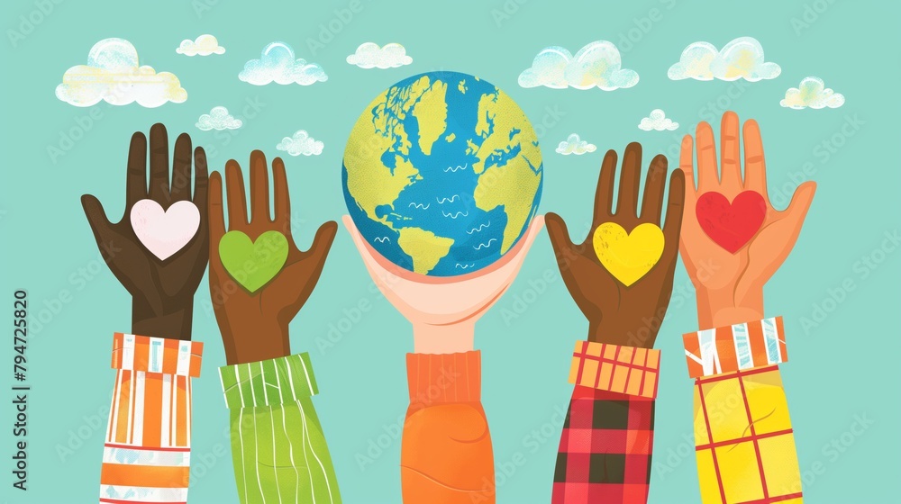 Illustration of several hands of different skin tones holding the earth ...