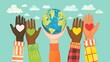 © Pro Hi-Res - Illustration of several hands of different skin tones holding the earth and heart sign in the style of clip art.