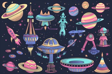 Wall Mural - Cartoon cute doodles of a space-themed amusement park, with rides based on different planets and cosmic phenomena, Generative AI