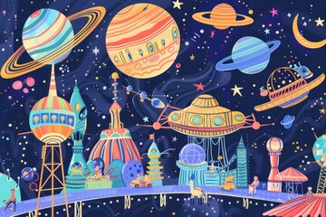 Wall Mural - Cartoon cute doodles of a space-themed amusement park, with rides based on different planets and cosmic phenomena, Generative AI