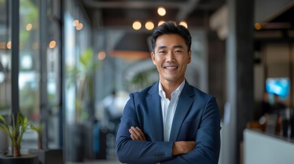 Wall Mural - A young Asian businessman in a suit is smiling and posing for a picture