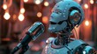 A robot singing into a microphone. The concept of the future where robots will be able to perform all kinds of tasks