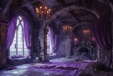 Fototapeta Las - A medieval castle interior, in shades of purple, sets the scene for a fantasy game concept, evoking a sense of mystery and magic.






