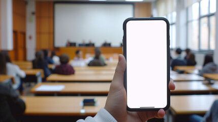 A cropped shot of a man holding a smartphone in his hands. empty screen to copy a text message or information content against the background of a classroom or classroom. 