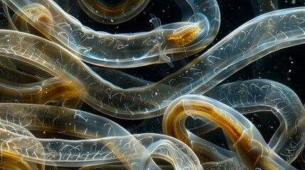 Sticker - An intriguing image of a of nematodes coiled together their slender transparent bodies forming a mesmerizing pattern in the water.