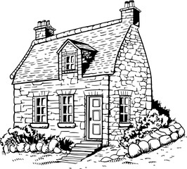 Wall Mural - Vintage stone house sketch drawing