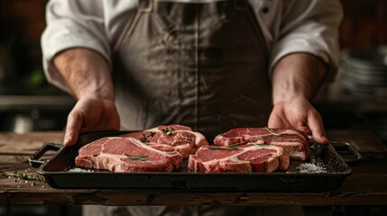 Wall Mural - A chef wearing an apron holds a tray of raw organic pork steaks in a professional kitchen