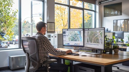 Wall Mural - A man is seated at a desk in an office, focused on his work displayed on two computer monitors