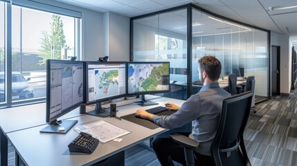 a man is sitting at a desk in an office, focused on working on three computer monitors in front of h