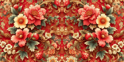 Spring red flowers backdrop beautiful floral seamless pattern of fabric flowers baroque colorful decoration wallpaper background