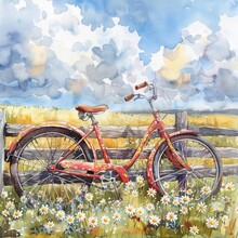 Watercolor Red Bicycle Leaning Against A Wooden Fence With A Field Of White Daisies In Front And A Blue Sky With White Clouds In The Background