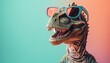 A green dinosaur with sunglasses on its face is standing on an orange background by AI generated image