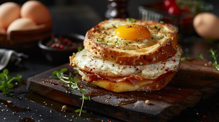 Wall Mural - A stack of food consisting of an Artisan Croque Monsieur with Eggs, displayed on top of a wooden cutting board