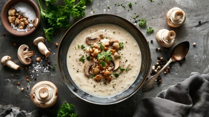 Poster - A bowl of soup filled with mushrooms and garnished with fresh parsley