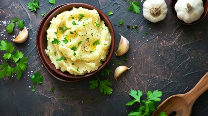 Wall Mural - Overhead view of a bowl filled with creamy mashed potatoes garnished with fresh parsley and garlic