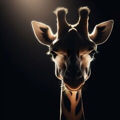 Wall Mural - A giraffe in front portrait, with the rim light. The background is black