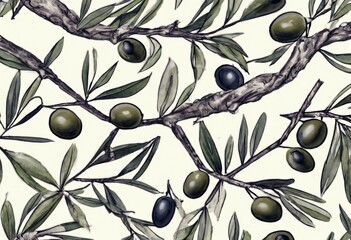 Wall Mural - 'olives twig drawing Background Icon Design Food Isolated Nature Art Illustration Leaf Health Green Graphic Plant Seamless pattern Sketch Salad Oil Cosmetics Fabric Healthy Olive Natural'