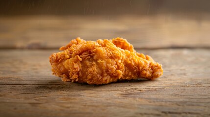 Wall Mural - A detailed view of a single crispy fried chicken tender placed on a wooden table
