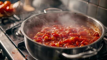 Wall Mural - A pot filled with pasta and sauce simmering on a stove