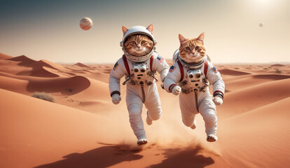 Wall Mural - a whimsical scene of a cat astronaut wearing a space suit, running through a vast red martian desert landscape