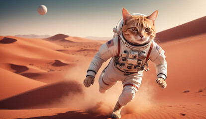 Wall Mural - a whimsical scene of a cat astronaut wearing a space suit, running through a vast red martian desert landscape