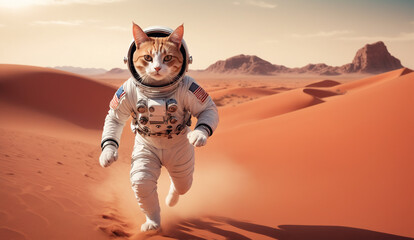 Wall Mural - a whimsical scene of a cat astronaut wearing a space suit, running through a vast red martian desert landscape