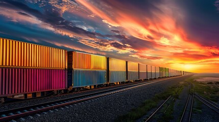 Logistics by Rail: Freight Train Carrying Containers at Sunset. copy space for text.