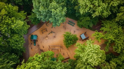 Wall Mural - A drone captures an aerial view of a park showcasing benches, trees, and a playground area