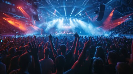 Wall Mural - A wide-angle shot of a bustling indoor arena during a live music festival, capturing the dynamic energy of a massive crowd enjoying the performance