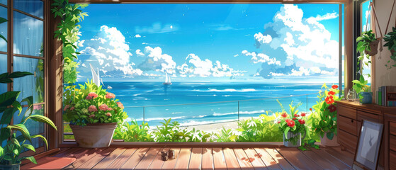 Wall Mural - beautiful illustration of warm home interior cabin summer room near the beach with sea view healing sea breeze, blue sky and clouds, beautiful flowers and plants