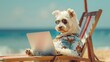 This stylish pooch in a Hawaiian shirt at a computer represents the balance of work and holiday vibes, perfect for vacation, remote work, or a summer party theme