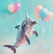 A delightful holiday party scene with a dolphin enjoying colorful balloons perfect for joyful summer vacation themes