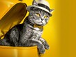 This image showcases a cat dressed in vacation attire sitting on a yellow suitcase, exuding a vibe of summer travel and holiday readiness
