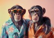 Two monkeys seem to be ready for a summer party, dressed in shirts that suggest they're on vacation, bringing a fun twist to a holiday trip
