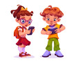 Kids playing game on mobile phone. Cartoon vector illustration set of little boy and girl with backpack standing and using smartphone. Cute happy smiling children player with digital gadget.