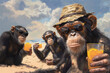 A lively summer scene portraying a group of chimpanzees sharing a holiday moment with tropical drinks, emblematic of party and vacation vibes