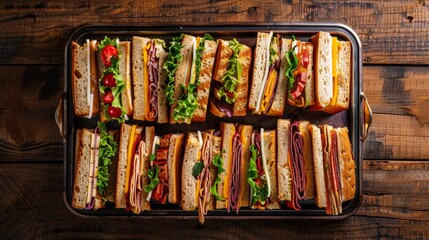 Wall Mural - Assorted sandwiches neatly arranged on a wooden tray resting on a table, ready to be served