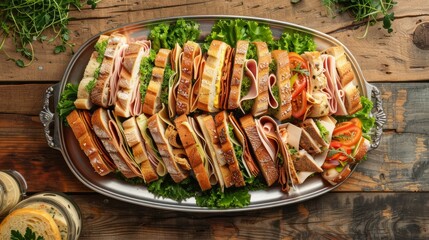 Wall Mural - A top-down view of a large platter filled with a variety of sandwiches on a wooden table