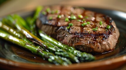 Wall Mural - Close-up of a perfectly cooked steak and vibrant green asparagus arranged on a white plate