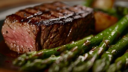 Wall Mural - Closeup of mouthwatering steak and asparagus on a plate