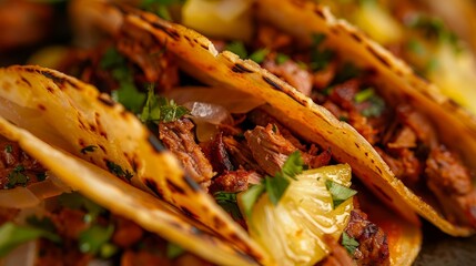 Canvas Print - Three Tacos al Pastor with pineapple showcased on a plate, highlighting vibrant colors and a mouthwatering presentation