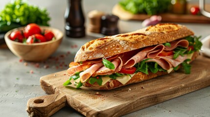 Wall Mural - A high-angle shot of a kitchen countertop showcasing a wooden cutting board with a substantial sandwich placed on top