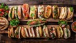 Overhead view of a wooden table displaying an assortment of sandwiches with various fillings and toppings