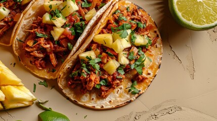 Wall Mural - Two Tacos al Pastor with pineapple resting on a table in a studio setup, isolated on a background