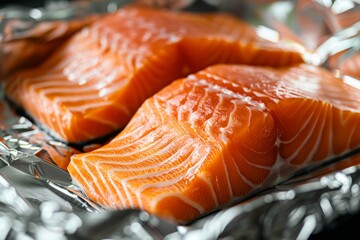 Wall Mural - Three uncooked salmon fillets resting on silver foil, showcasing freshness