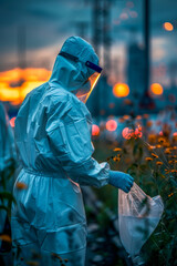 Environmental Scientist Collecting Samples at Dusk