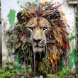Sculpture and painting street art of lion head full of colorful colors and covered with leaves and grass. on the old wall. Pet. Animals. Illustration, Generative AI.