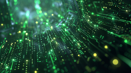 A digital matrix, where cascading streams of green code intertwine and converge in a mesmerizing display of complexity. Incorporate elements of circuitry and futuristic technology to convey the intric