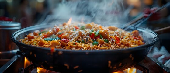 Wall Mural - Sizzling stirfry noodles cooked over open flame embodying Asian street food. Concept Asian Street Food, Stir-fry Noodles, Open Flame Cooking, Sizzling Dish, Food Photography